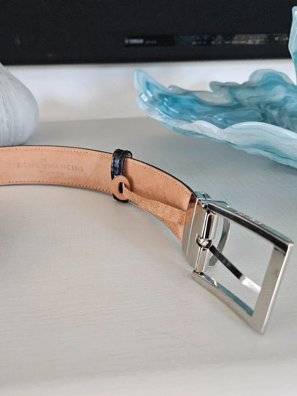 Rene Mancini Milano Italy Men Black Leather belt size 5/115 camel inside